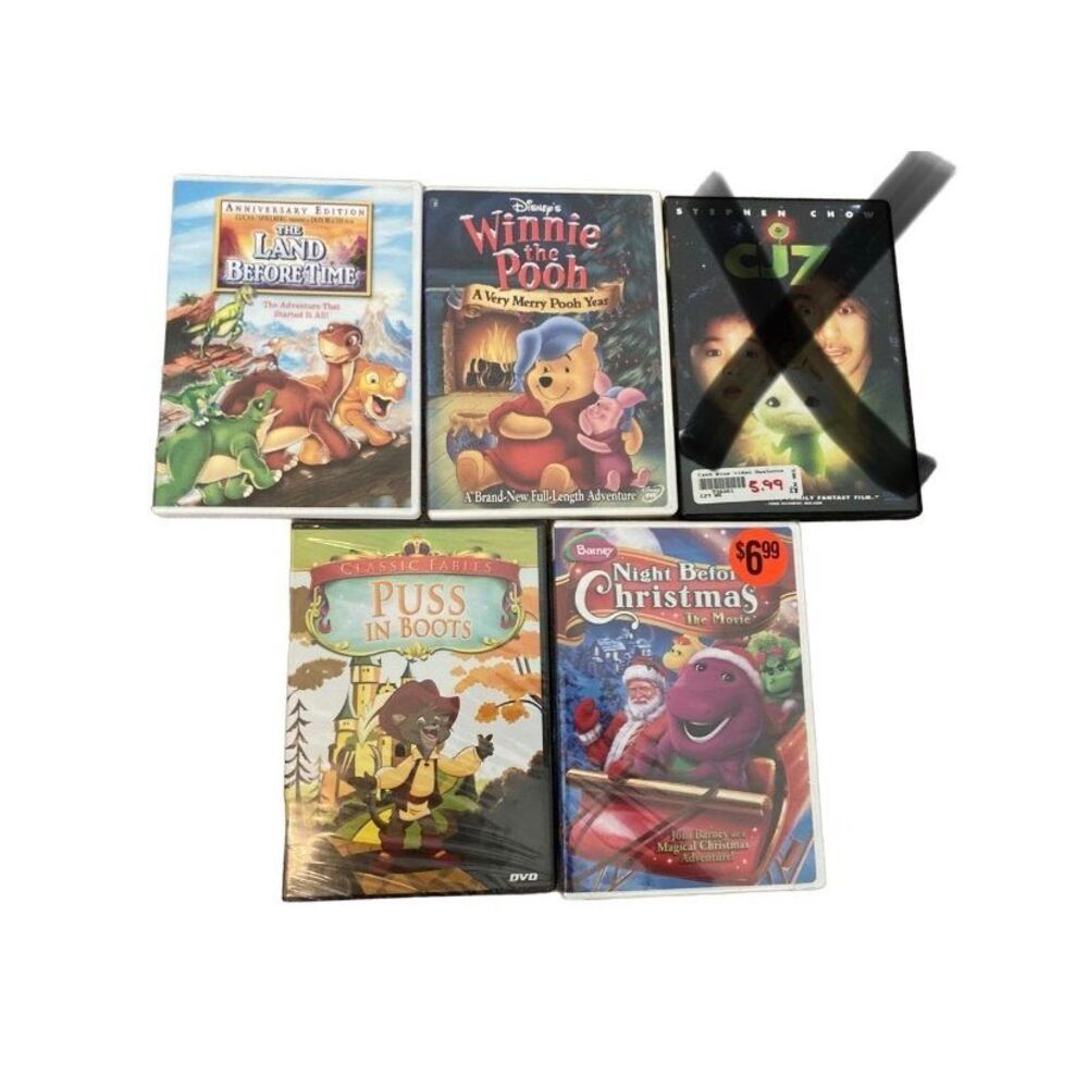 Lot of 4 Children’s DVDs Barney Winnie The Pooh Land Before Time Puss In Boots